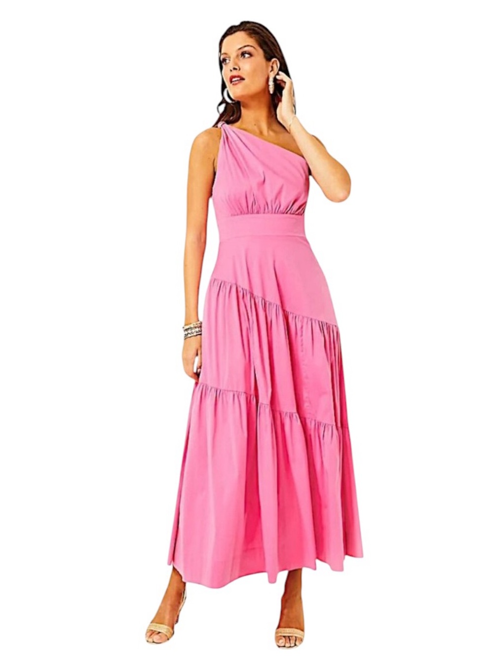 New Lilly Pulitzer Lucilyn One-Shoulder Pink Tiered Skirt Maxi Dress Size 16